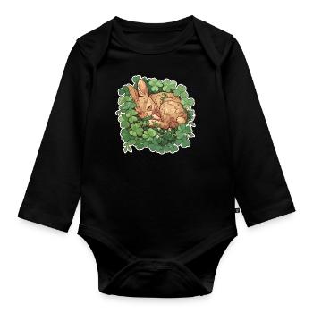 Sleeping bunny in clover Easter motif - Organic Longsleeve Baby Bodysuit - black - Front