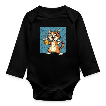 Aufgeregte Katze mit Kaffee im Comic-Stil - Baby Bio-Langarm-Body - Schwarz - Vorne