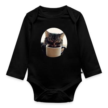 Chat endormi avec tasse à café - Body Bébé bio manches longues - noir - Devant