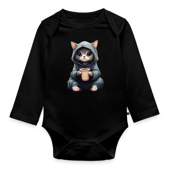 Mignon : Chat dans un sweat à capuche avec du café - Body Bébé bio manches longues - noir - Devant