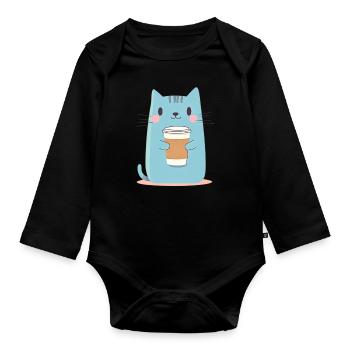 Cute Blue Cat with Coffee - Cartoon Style - Organic Longsleeve Baby Bodysuit - black - Front