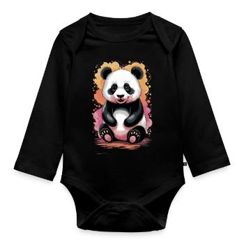 Panda aquarelle – Design artistique de la nature - Body Bébé bio manches longues - noir - Devant