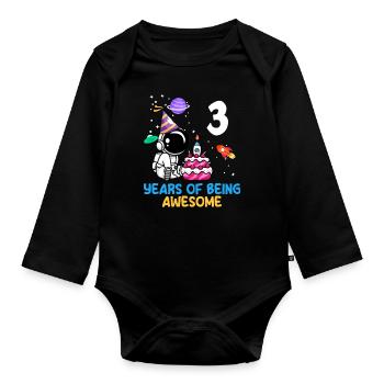 Three Years Astronaut Birthday Adventure - Organic Longsleeve Baby Bodysuit - black - Front