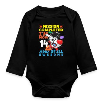 Mission accomplie J’ai maintenant 14 ans et je suis toujours aussi bien - Body Bébé bio manches longues - noir - Devant
