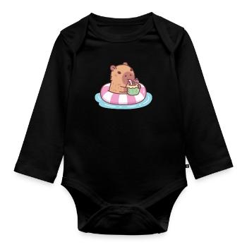 Cute Capybara Chilling in Pool Float Coconut Drink - Organic Longsleeve Baby Bodysuit - black - Front