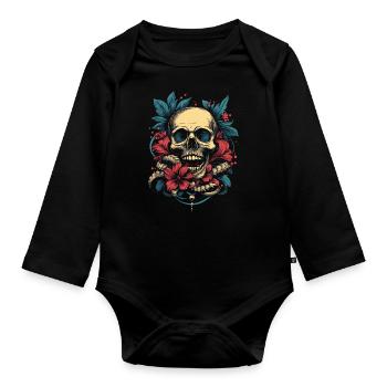 Tropical skull with flowers - Organic Longsleeve Baby Bodysuit - black - Front