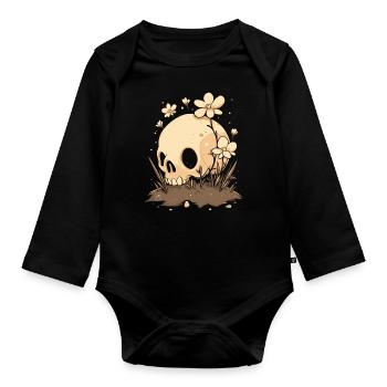 Cute skull with flower meadow - Organic Longsleeve Baby Bodysuit - black - Front