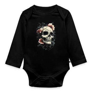 Skull with flowers tattoo style - Organic Longsleeve Baby Bodysuit - black - Front