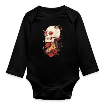 Skull with poppies and cracks - Organic Longsleeve Baby Bodysuit - black - Front