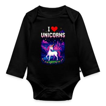 I Love Unicorns – Magisches Einhorn Pixel Shirt - Baby Bio-Langarm-Body - Schwarz - Vorne