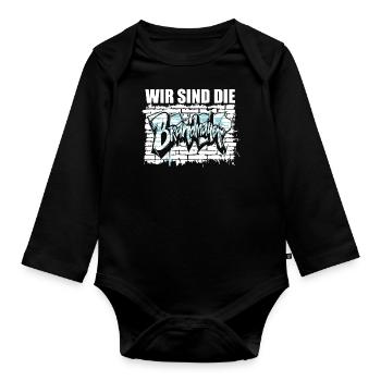 Wir sind die Brandmauer, Gegen Rechts, gegen Hetze - Baby Bio-Langarm-Body - Schwarz - Vorne