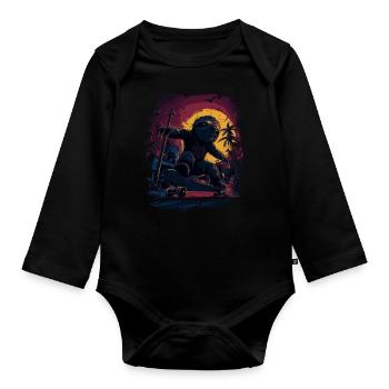 Cool skate sloth in retro sunset - Organic Longsleeve Baby Bodysuit - black - Front