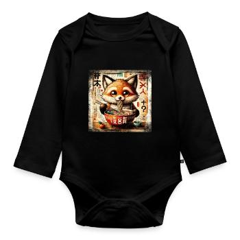 Ramen Fuchs Grunge Poster Style - Baby Bio-Langarm-Body - Schwarz - Vorne