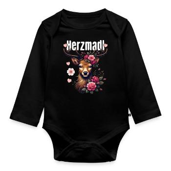 Herzmadl Shirt Damen Trachtenshirt Dirndl T-Shirt - Baby Bio-Langarm-Body - Schwarz - Vorne