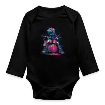 Bunter Drummer Comic Stil Splash Art Design - Baby Bio-Langarm-Body - Schwarz - Vorne