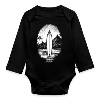 Planche de surf - Vagues - Surf - Plage - Palmiers - Body Bébé bio manches longues - noir - Devant