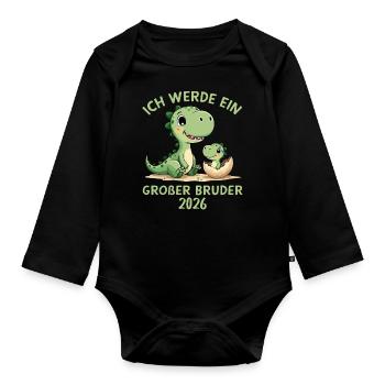 Ich werde großer Bruder 2026 Verkündung Dino - Baby Bio-Langarm-Body - Schwarz - Vorne