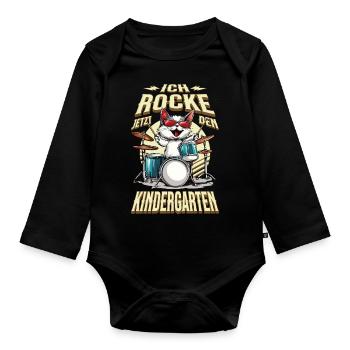 Kindergarten Kita Cat Drums Rock Music - Organic Longsleeve Baby Bodysuit - black - Front