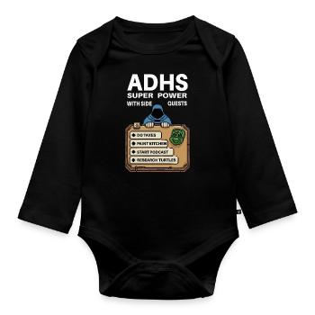 ADHD Superpower – Side-Quest Hero Shirt - Organic Longsleeve Baby Bodysuit - black - Front