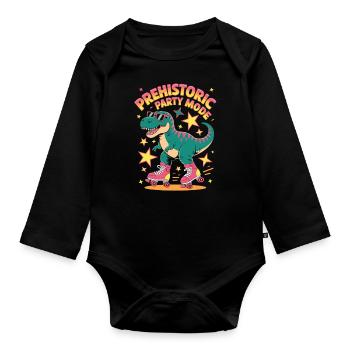 Dino on roller skates in prehistoric party mode - Organic Longsleeve Baby Bodysuit - black - Front