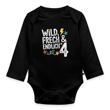 Wild, Cheeky & Finally 4 Years 4th Birthday - Organic Longsleeve Baby Bodysuit - black - Front