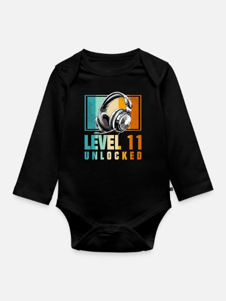 11. Geburtstag Junge Video Gamer Level 11 Unlocked - Baby Bio-Langarm-Body - Schwarz