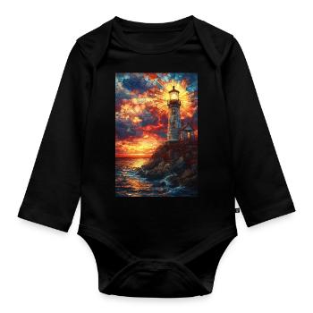 Buntglas-Leuchtturm Sonnenuntergang - Baby Bio-Langarm-Body - Schwarz - Vorne