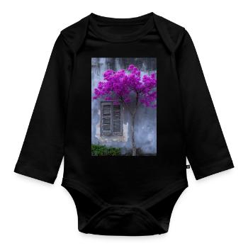 Vibrant Blossom Against Rustic Wall - Organic Longsleeve Baby Bodysuit - black - Front