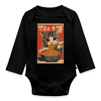 Tabby Cat Loves Ramen - Organic Longsleeve Baby Bodysuit - black - Front