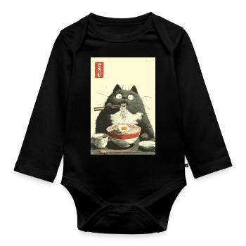 Wide-Eyed Cat Slurping Ramen - Organic Longsleeve Baby Bodysuit - black - Front