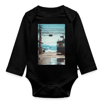 Seaside Japanese Train Crossing - Organic Longsleeve Baby Bodysuit - black - Front