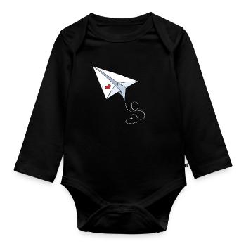 Avion en papier avec coeur - Amour - Voyage - Vol - Body Bébé bio manches longues - noir - Devant