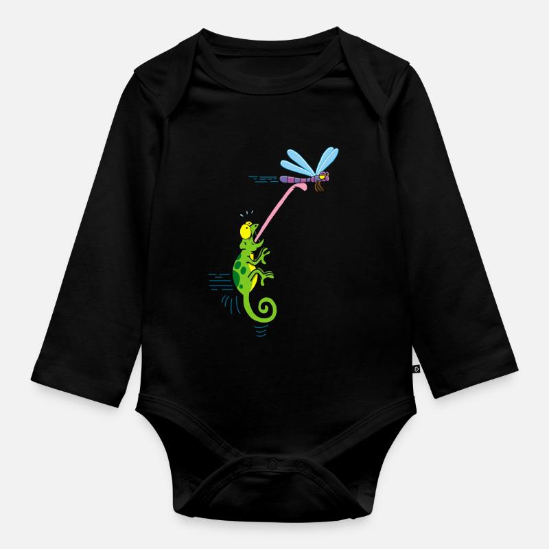 Caméléon et libellule - Body Bébé bio manches longues - noir
