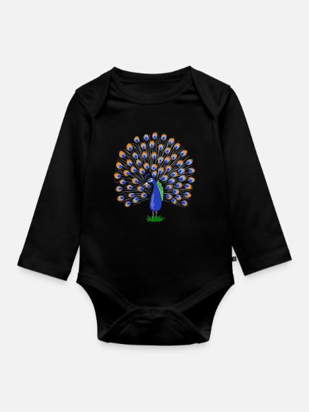 Bunte Pfauenfeder Illustration - Baby Bio-Langarm-Body - Schwarz