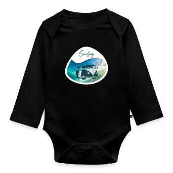 Surfing wave bus - design - Organic Longsleeve Baby Bodysuit - black - Front