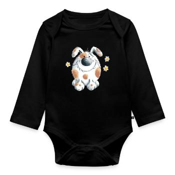 Funny dog with flower - Organic Longsleeve Baby Bodysuit - black - Front