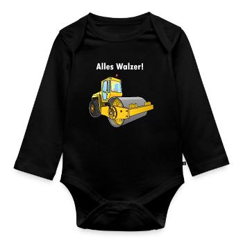 Dampfwalze, Alles Walzer, niederwalzen, Straßenbau - Baby Bio-Langarm-Body - Schwarz - Vorne