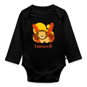 Cute Lion Leonard Kids Safari T Shirt - Organic Longsleeve Baby Bodysuit - black - Front