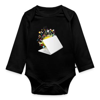 Ein halb geöffneter Laptop mit vielen Symbolen - Baby Bio-Langarm-Body - Schwarz - Vorne