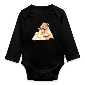 Loving lions - mom and child hug each other - Organic Longsleeve Baby Bodysuit - black - Front