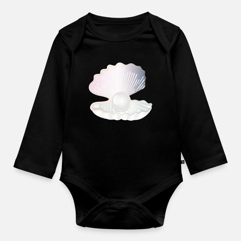 irisierende geöffnete Muschel mit großer Perle - Baby Bio-Langarm-Body - Schwarz