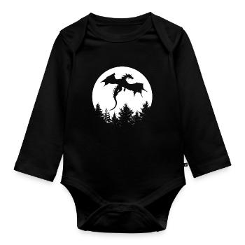 Dragon in front of moon in a forest - Organic Longsleeve Baby Bodysuit - black - Front