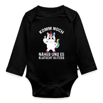 Einhorn frech lustig Geschenk Mittelfinger witzig - Baby Bio-Langarm-Body - Schwarz - Vorne