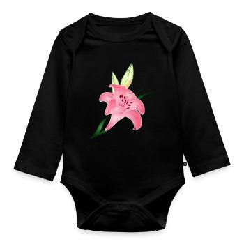 rosafarbene Lilien Blüte mit zwei Knospen - Baby Bio-Langarm-Body - Schwarz - Vorne