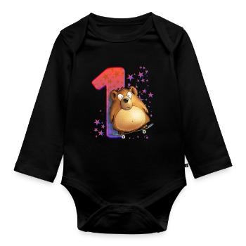 1. Geburtstag Zweites Lebensjahr Bär - Baby Bio-Langarm-Body - Schwarz - Vorne