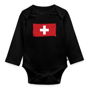 Switzerland Flag Vintage Cross Used Look Swiss - Organic Longsleeve Baby Bodysuit - black - Front