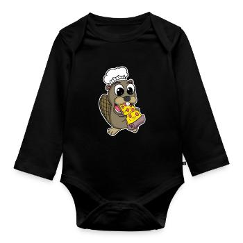 Beaver eats pizza chef gourmet - Organic Longsleeve Baby Bodysuit - black - Front
