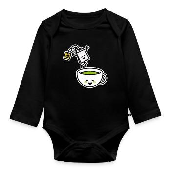 Funny Matcha Green Tea Kawaii Cartoon Teacup - Organic Longsleeve Baby Bodysuit - black - Front