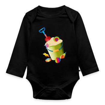 Sand toys on the beach with colorful shells - Organic Longsleeve Baby Bodysuit - black - Front