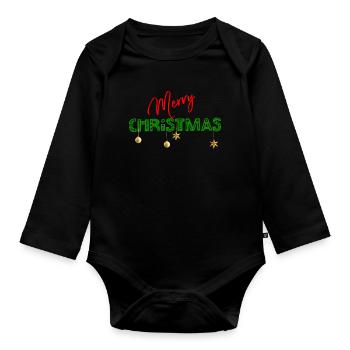 Frohe Weihnachten: Strukturierte grüne Buchstaben - Baby Bio-Langarm-Body - Schwarz - Vorne